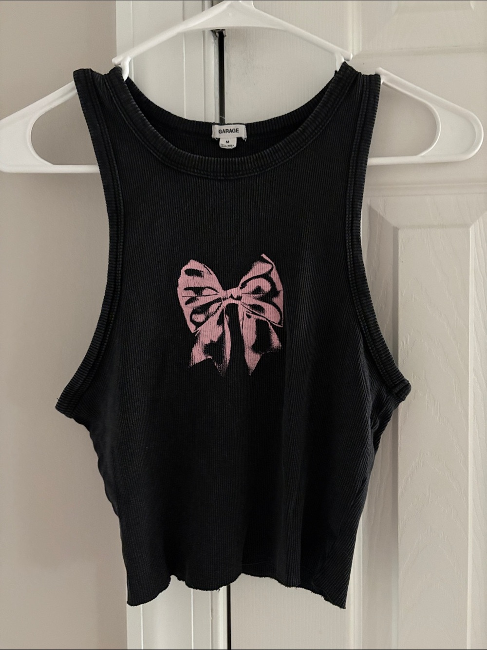 Garage Black Ribbed Crop Tank with Pink Bow Print